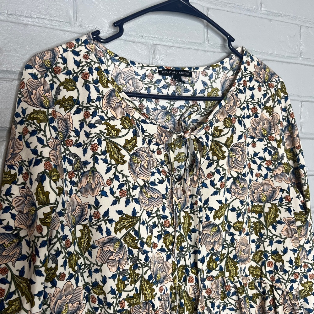 Floral Print Long-Sleeve Peasant Top - Cream/Olive - Picture 8 of 15